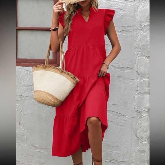 Boho notched neck ruffle trim smock dress - Picture 3 of 5